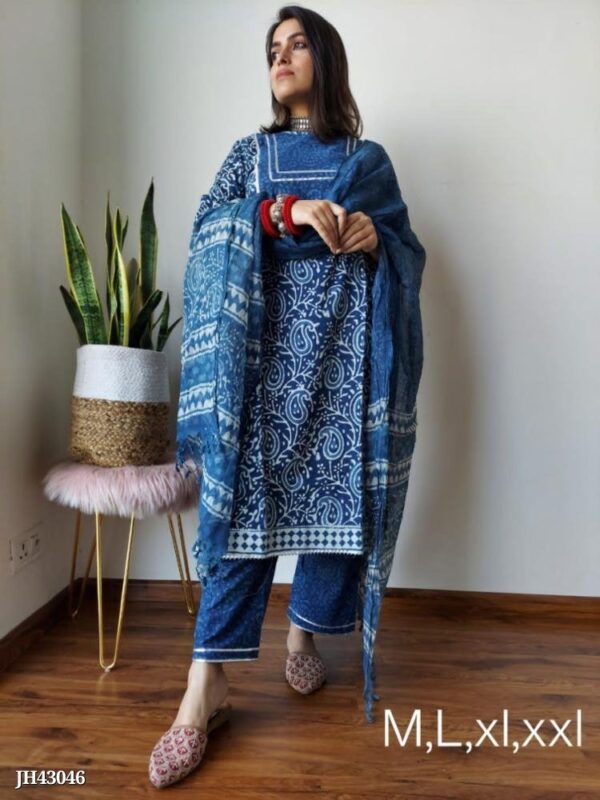 Hand Block Printed Stiched Suit Set With Kota Duppatas