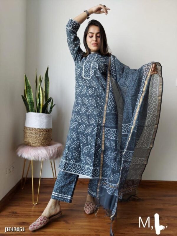 Hand Block Printed Stiched Suit Set With Kota Duppatas