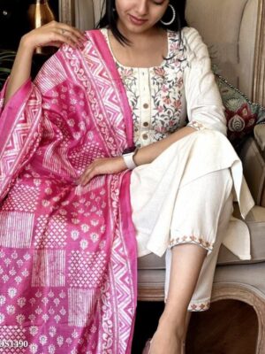 Khadi Cotton Embroidery Suit And Khadi Silk Dupatta Set