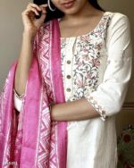 Khadi Cotton Embroidery Suit And Khadi Silk Dupatta Set