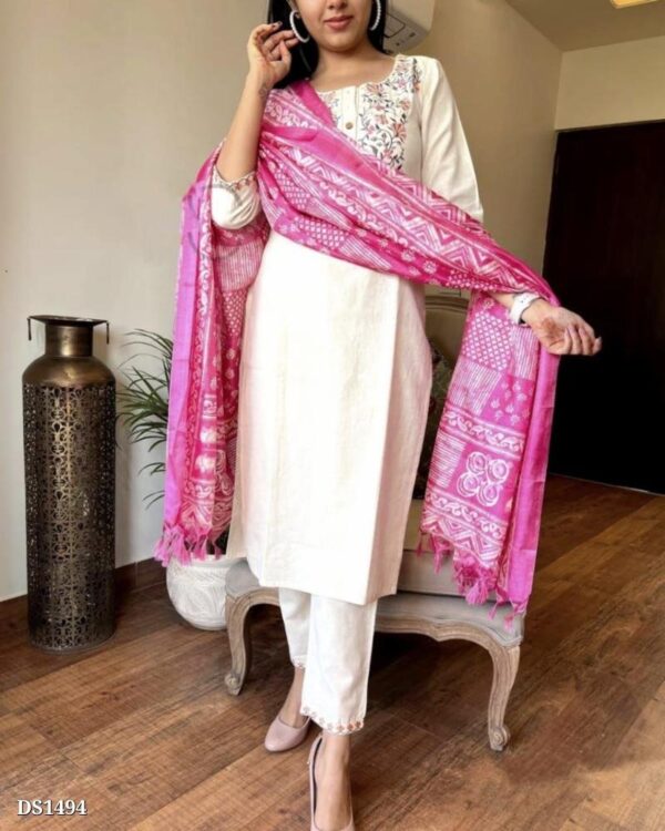 Khadi Cotton Embroidery Suit And Khadi Silk Dupatta Set