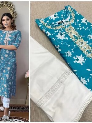 Pure Rayon cotton Embroidery and Pearl work Kurti With Pant